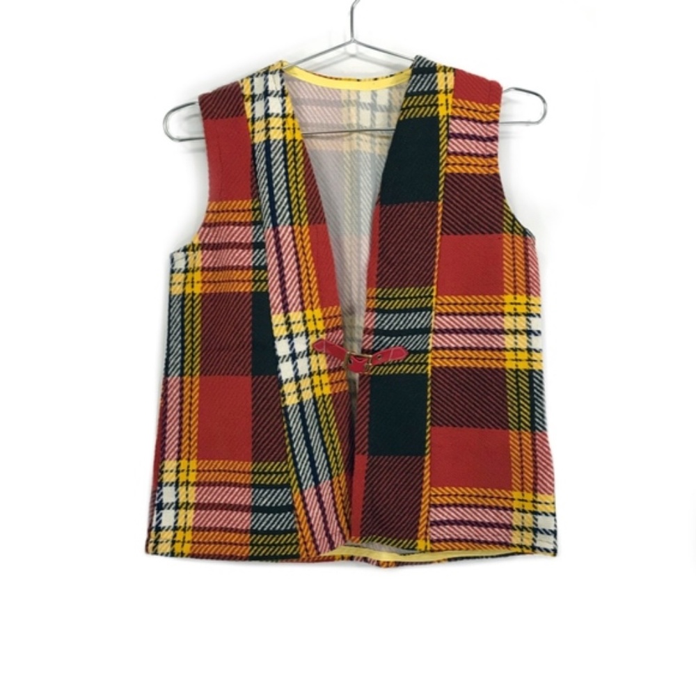 Vintage 70s Retro Plaid Buckle Front Woven Vest - Picture 2 of 12